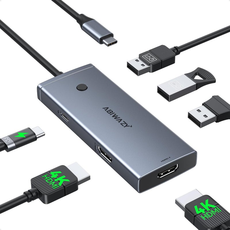 ABIWAZY محطة إرساء USB C إلى محول HDMI مزدوج، مركز USBC لشاشات HDMI مزدوجة مع 2 منفذ HDMI 4K@60Hz، شحن PD بقوة 100 واط، 3 USB-A، زر تبديل، محطة إرساء لابتوب Dell XPS/HP/Lenovo/Surface وغيرها - Image 1